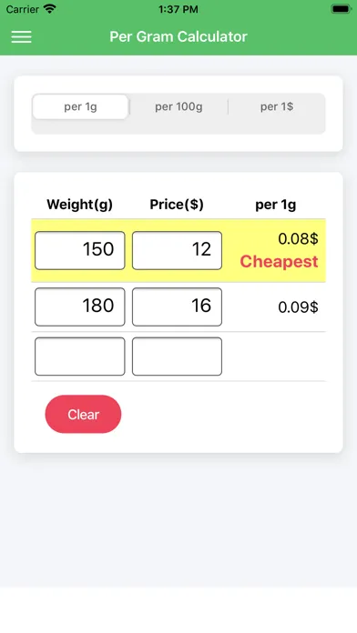 Per Gram Calculator Screenshots