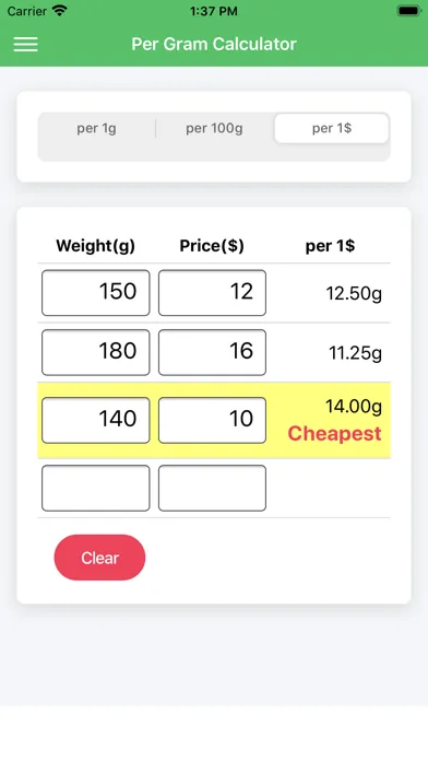 Per Gram Calculator Screenshots