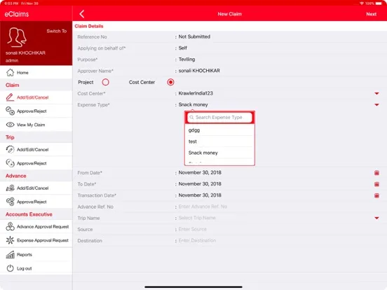 Tangkapan layar eClaims iPad 