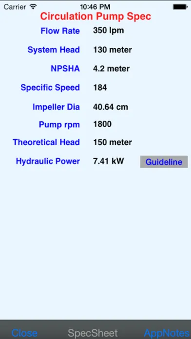 Centrifugal Pump Spec Screenshots