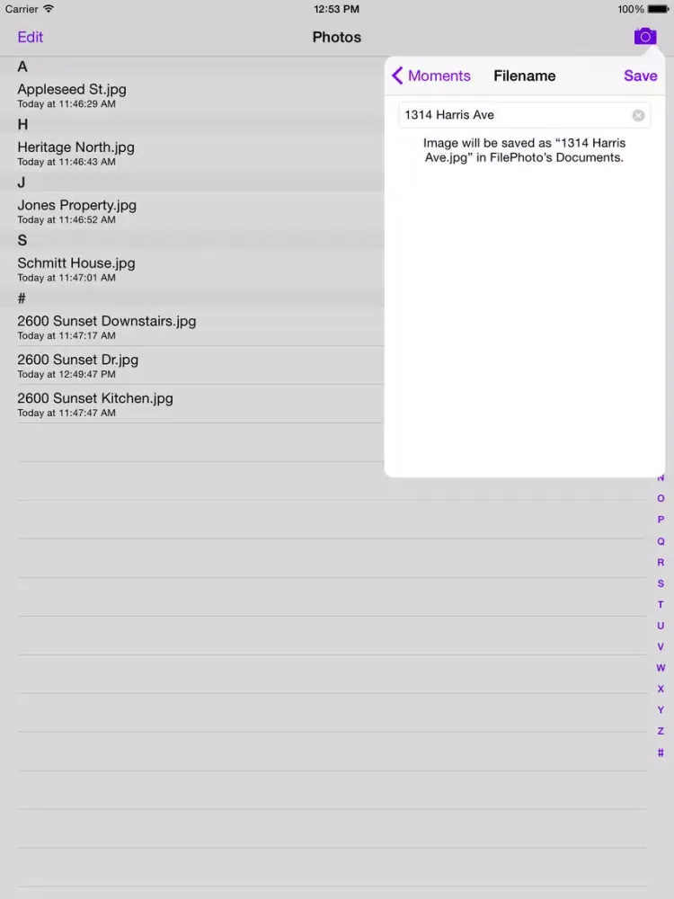 FilePhoto: Name Your Photos as You Take Them iPad  Screenshots