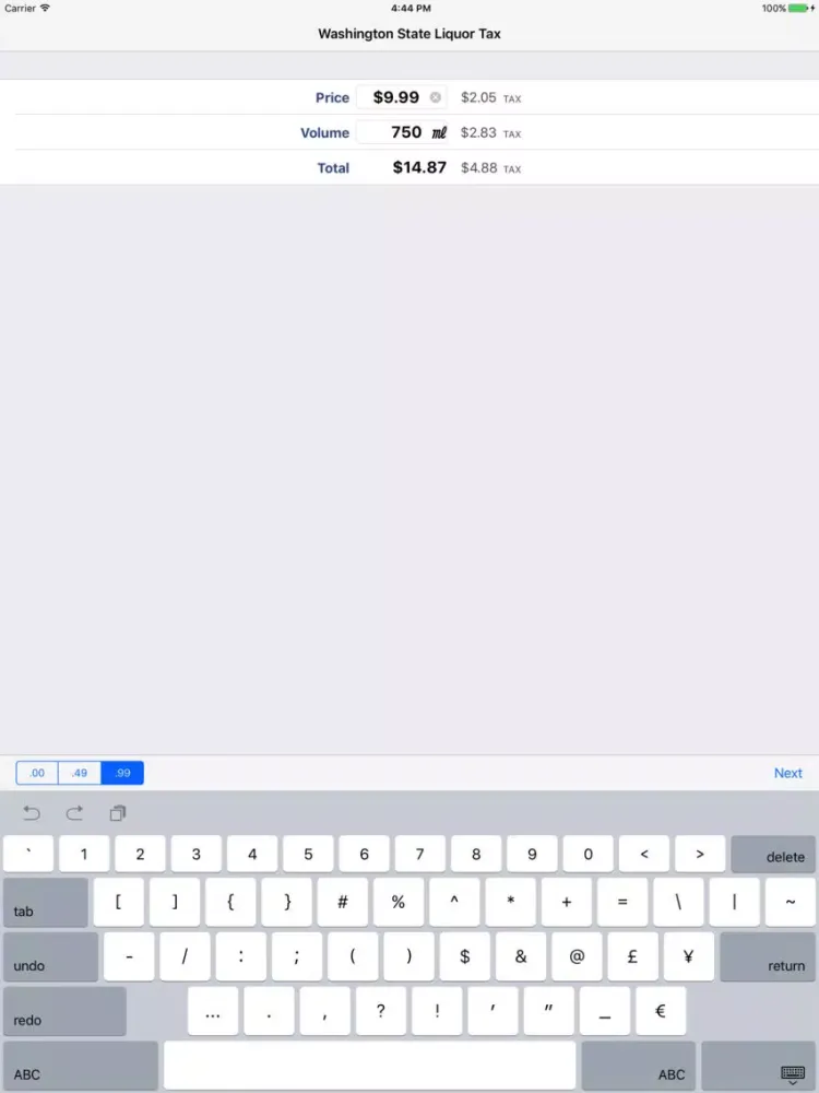 Washington State Liquor Tax Calculator iPad  Screenshots