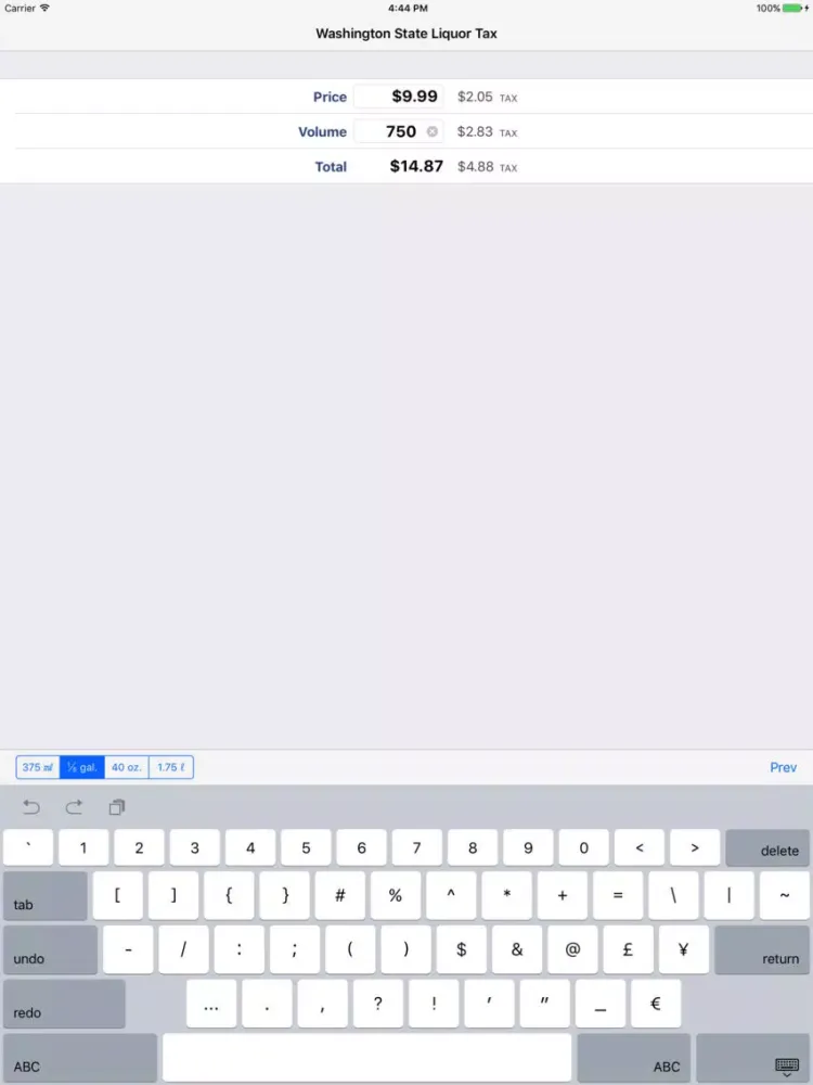 Washington State Liquor Tax Calculator iPad  Screenshots