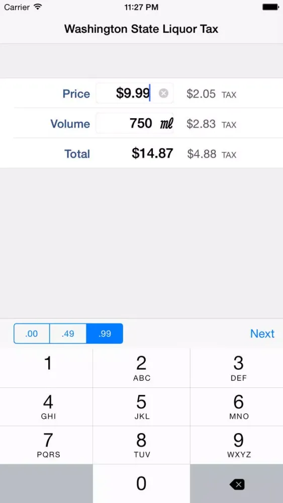 Washington State Liquor Tax Calculator Screenshots