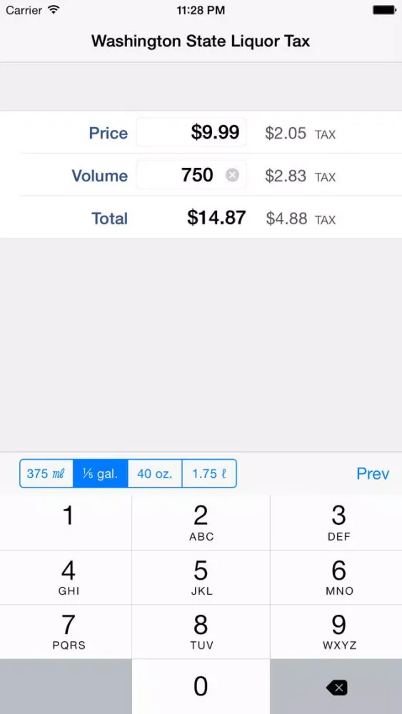 Washington State Liquor Tax Calculator Screenshots
