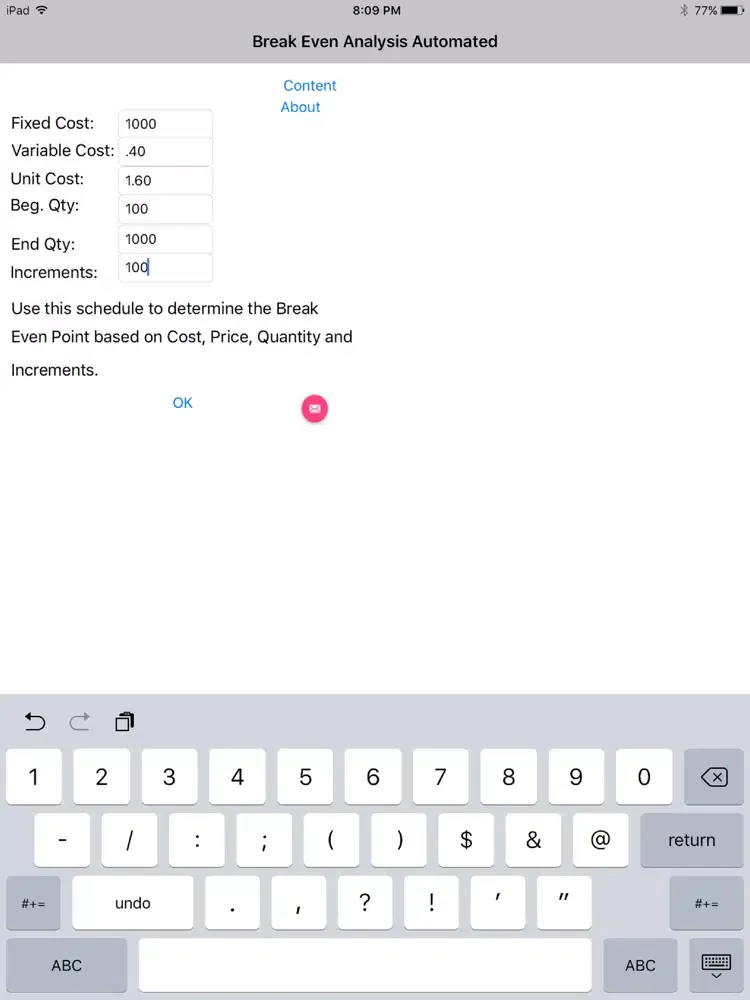 Zrzuty ekranu Break Even Analysis Automated iPad 