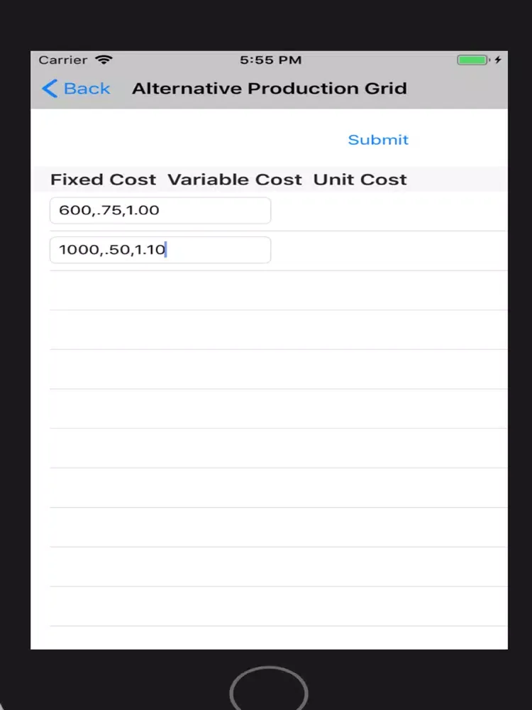 Ảnh chụp màn hình của Alternate Prod Cost Automated iPad 