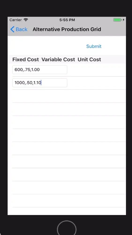 Ảnh chụp màn hình của Alternate Prod Cost Automated