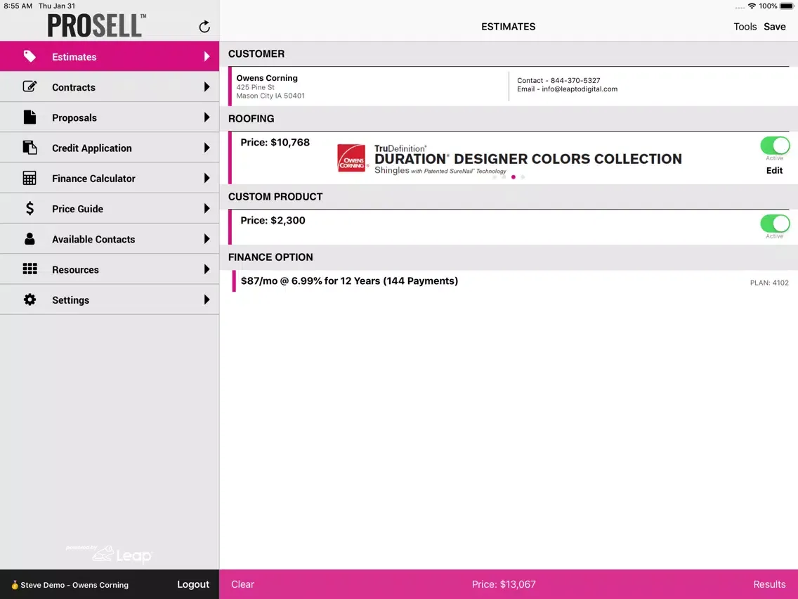 Tangkapan layar Owens Corning Roofing ProSell iPad 