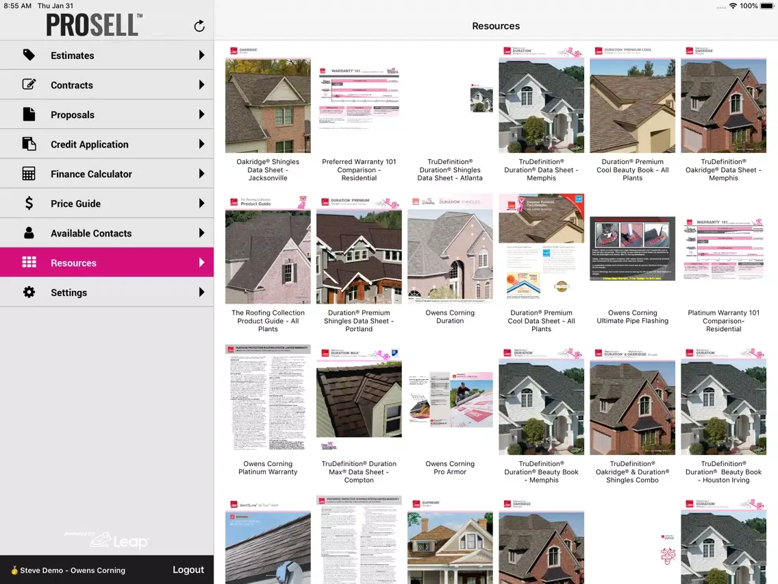 Tangkapan layar Owens Corning Roofing ProSell iPad 