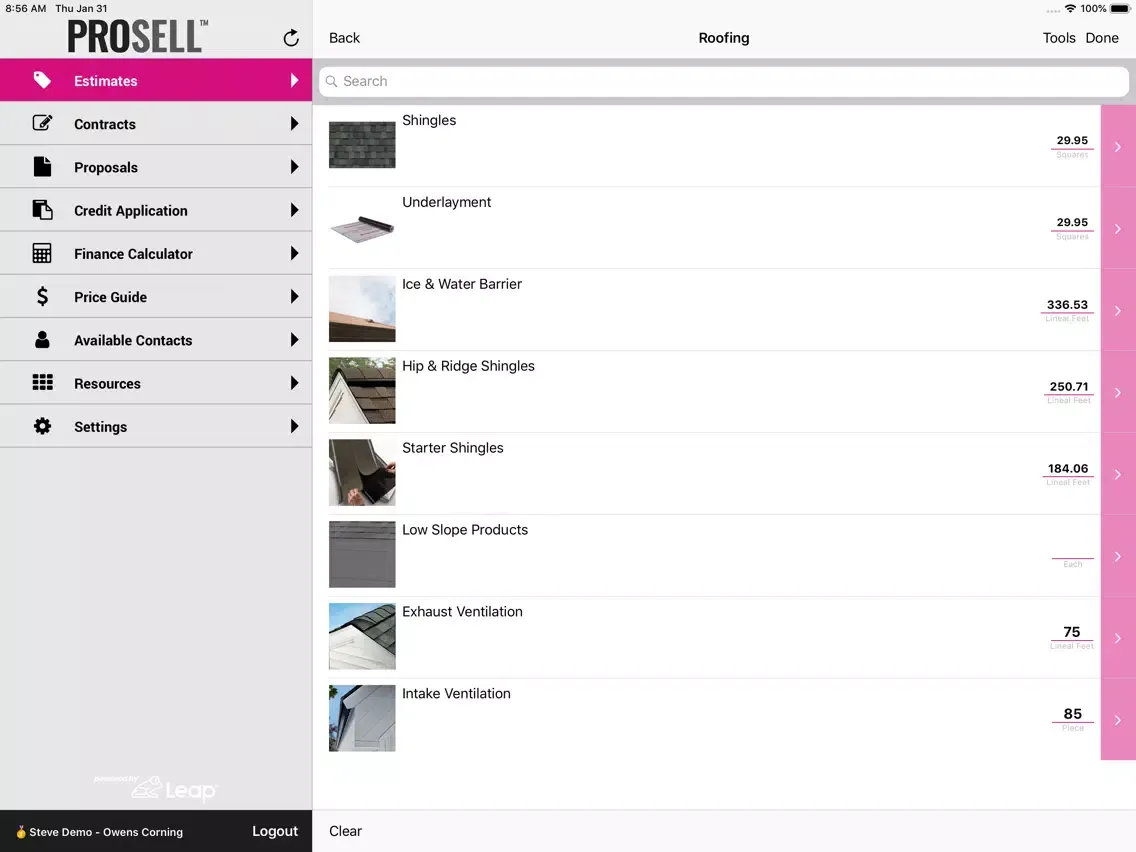 Tangkapan layar Owens Corning Roofing ProSell iPad 