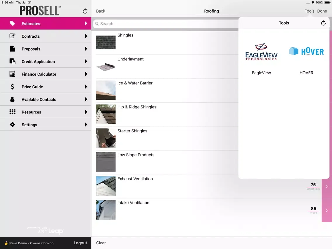 Tangkapan layar Owens Corning Roofing ProSell iPad 