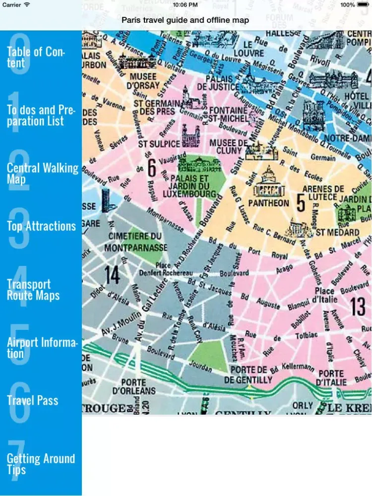 Tangkapan skrin Paris travel guide and offline map - metro paris subway, CDG ORLY roissy paris airport transport, city Paris guide, SNCF TGV traffic maps lonely planet Paris trip advisor iPad 