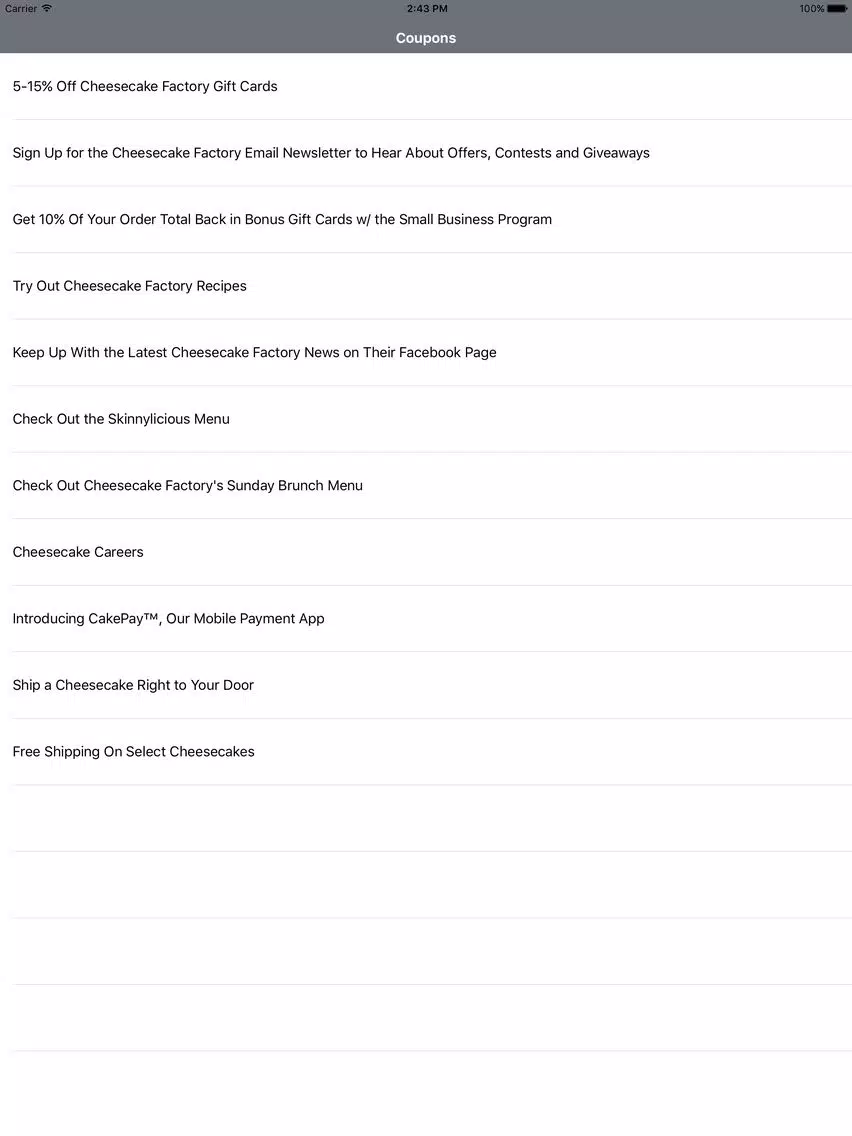 Coupons for Cheesecake Factory App iPad  스크린샷