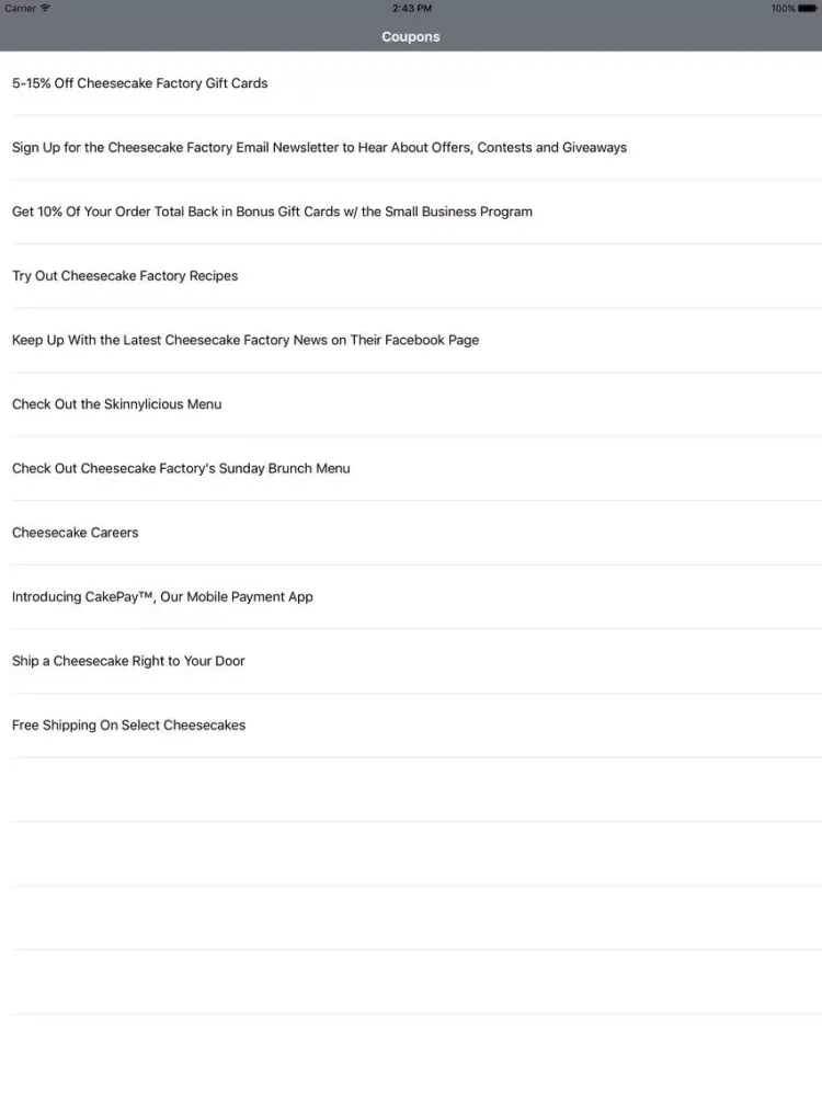 Coupons for Cheesecake Factory App iPad  スクリーンショット
