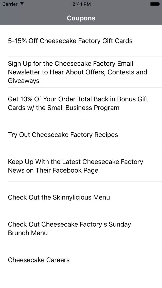 Coupons for Cheesecake Factory App 스크린샷