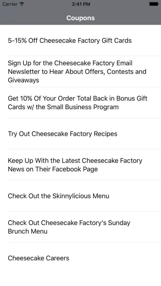 Coupons for Cheesecake Factory App スクリーンショット