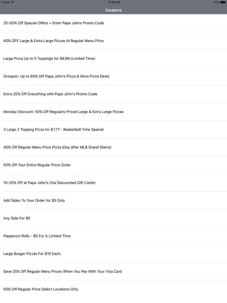 Screenshot di Coupons for Papa Johns iPad 