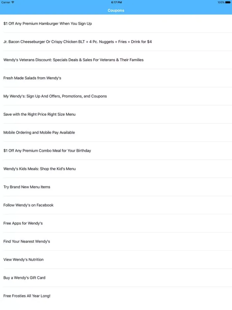 Ảnh chụp màn hình của Coupons for Wendys App iPad 