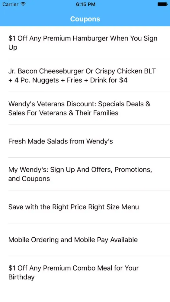 Ảnh chụp màn hình của Coupons for Wendys App