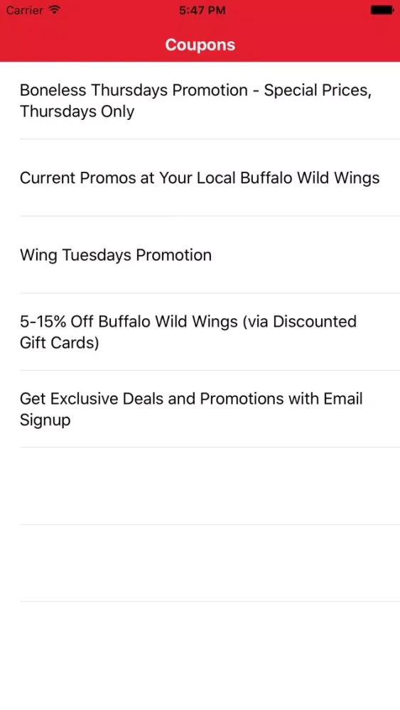 Ảnh chụp màn hình của Coupons for Buffalo Wild Wings App