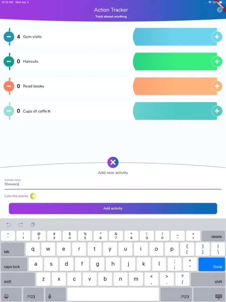 Track it - activities counter iPad  Screenshots