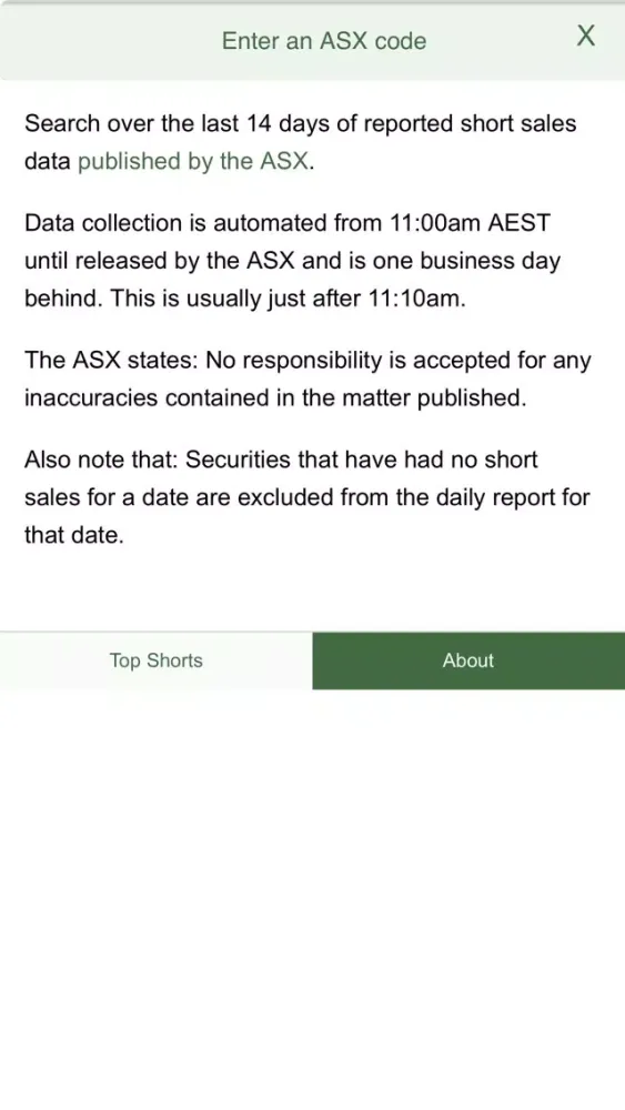 Скриншоты ASX Daily Gross Short Sales