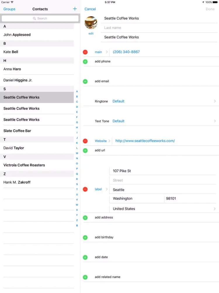 Ảnh chụp màn hình của Add to Contacts iPad 