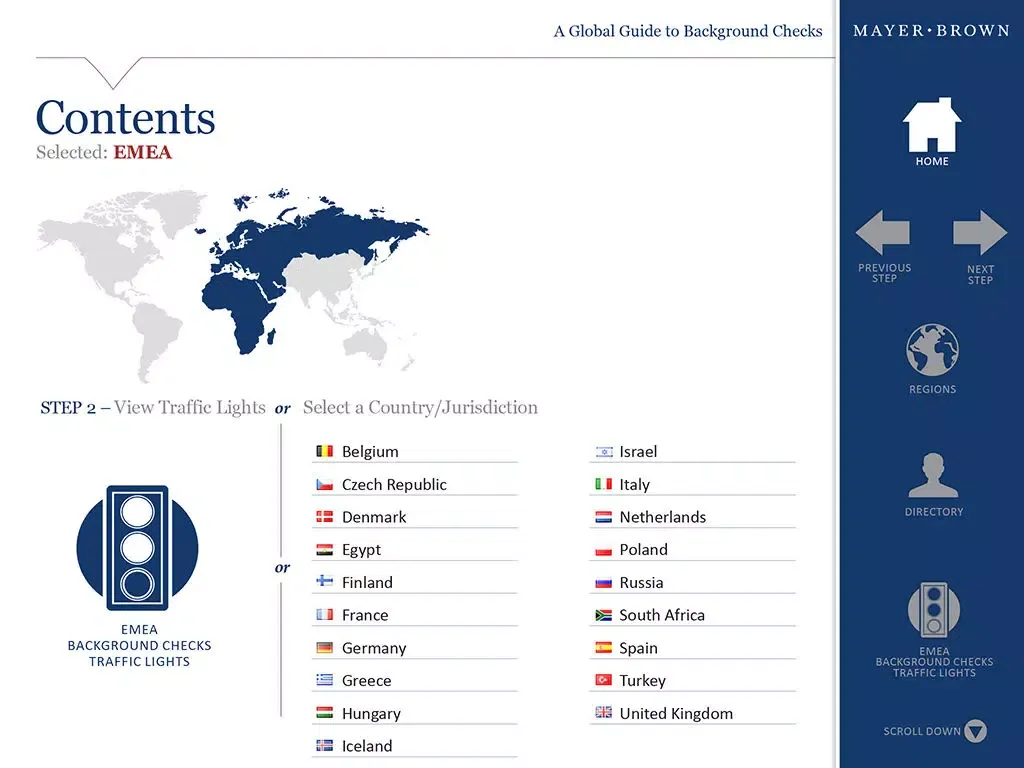 Capturas de tela do Mayer Brown - A Global Guide to Background Checks iPad 
