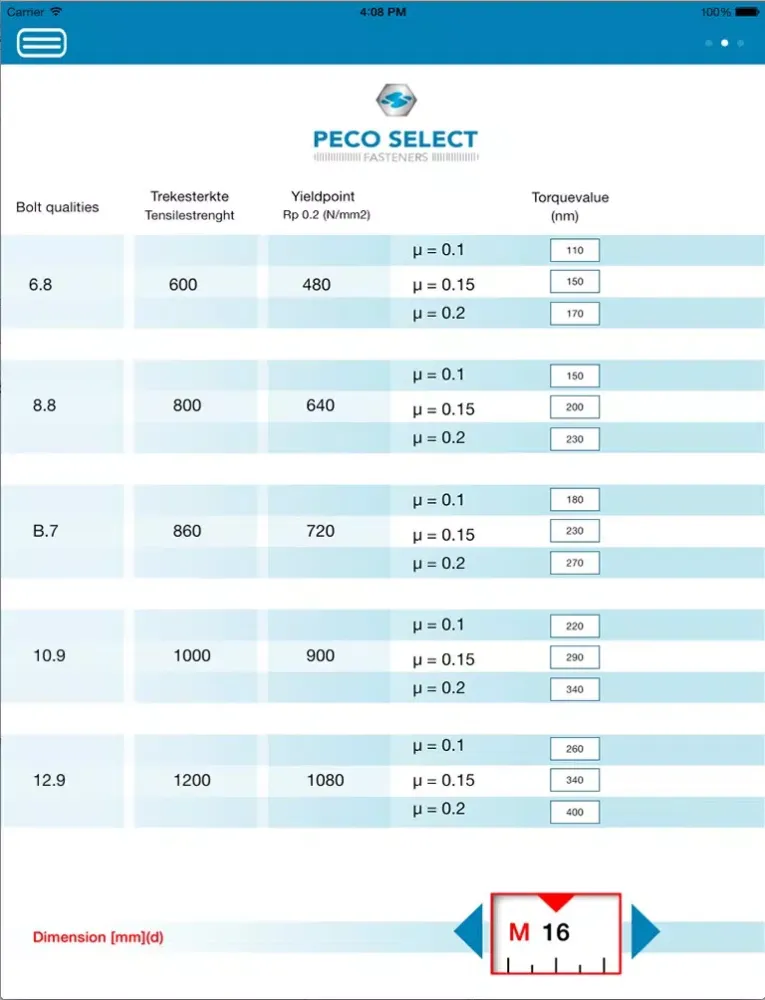 Capturas de tela do PECO - Torque values / bolt dimensions iPad 