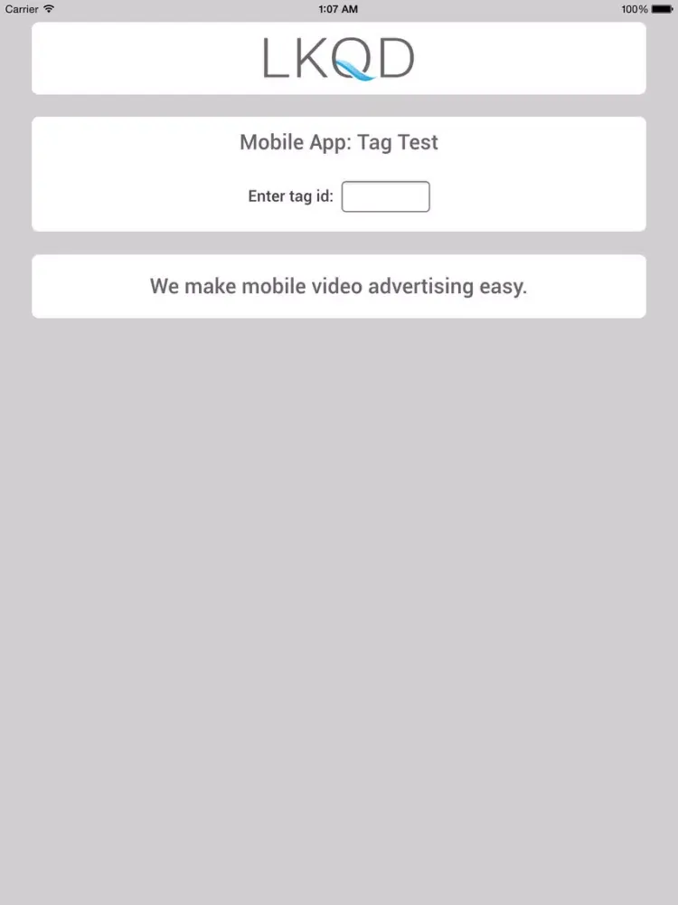 LKQD Tag Testing App iPad  Screenshots