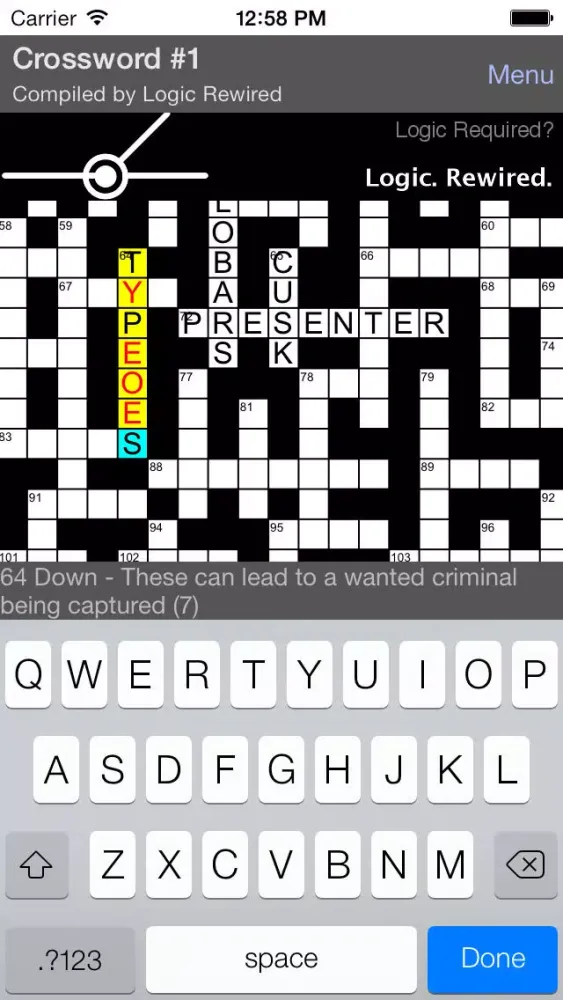 Tangkapan skrin Wordier Crosswords