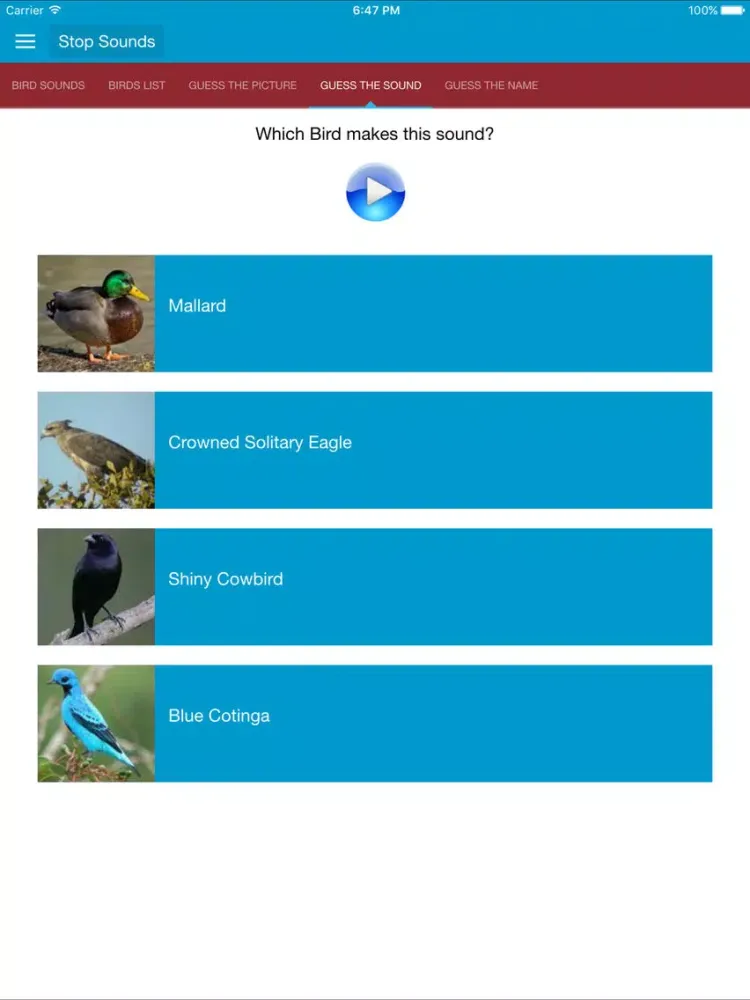 Tangkapan skrin South American Birds Sounds iPad 
