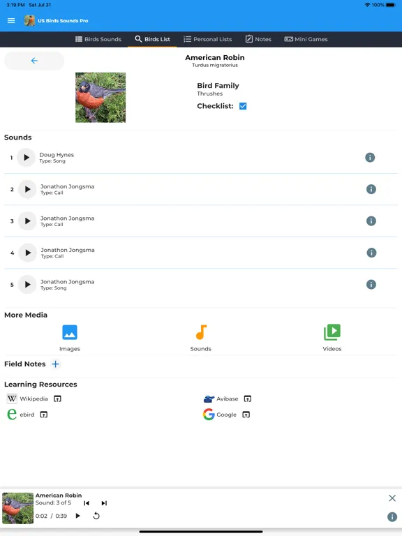 American Birds Sounds Pro iPad  Screenshots