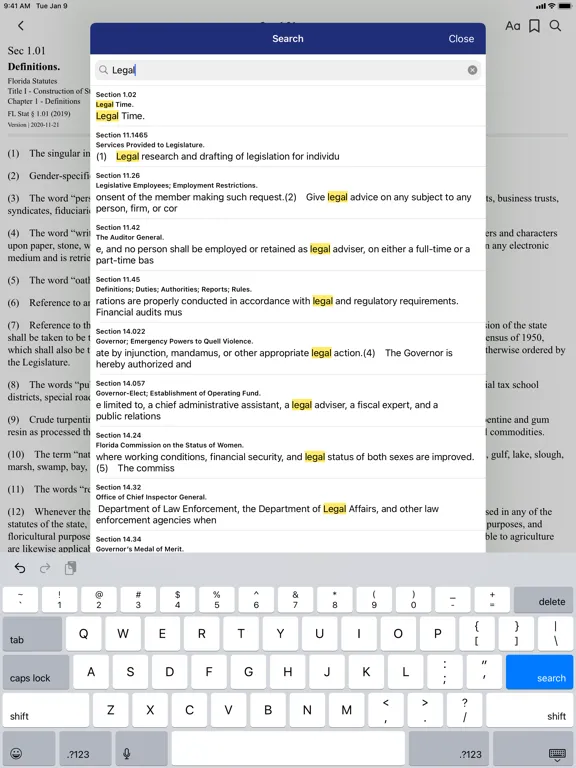 Tangkapan skrin Florida Statutes by PocketLaw iPad 