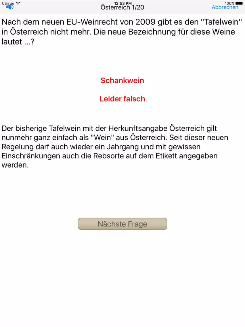 Tangkapan skrin Weinquiz Österreich iPad 