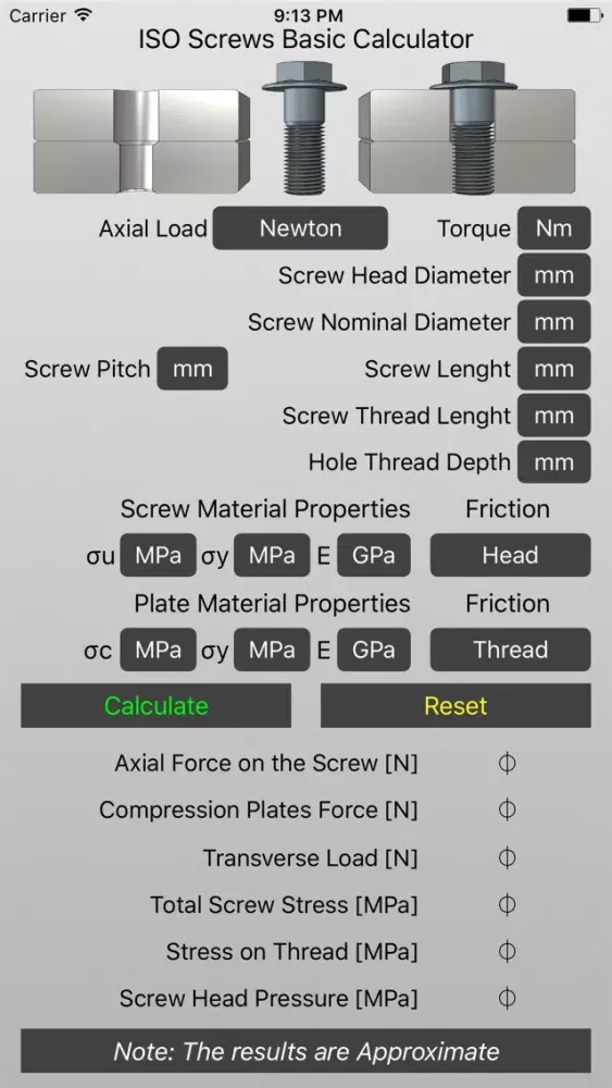 Capturas de tela do ISO Screws Basic Calculator