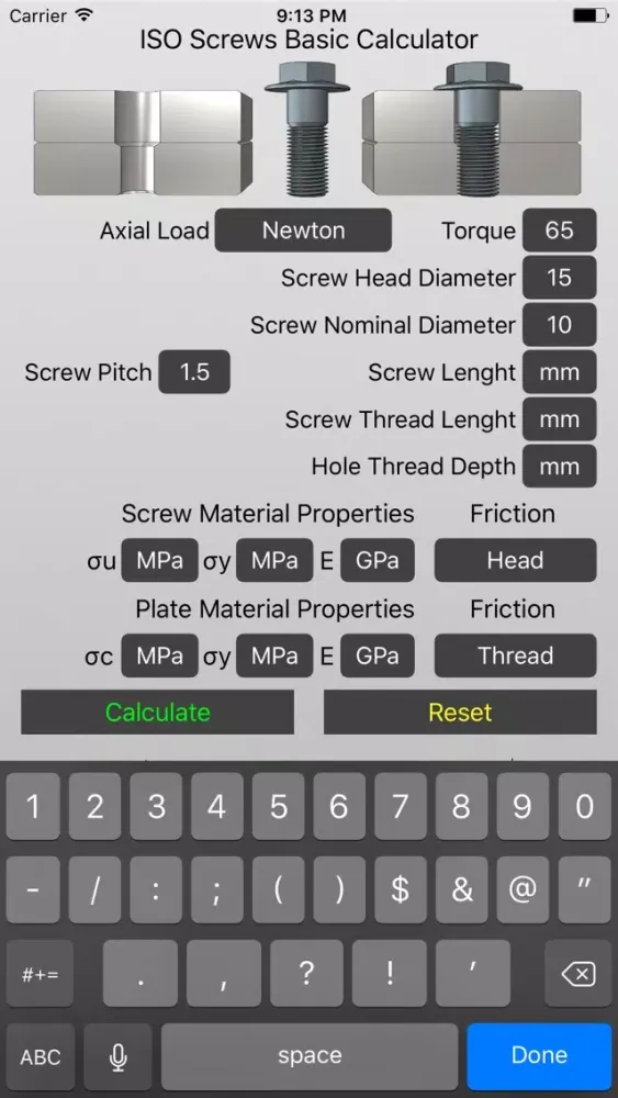 Capturas de tela do ISO Screws Basic Calculator