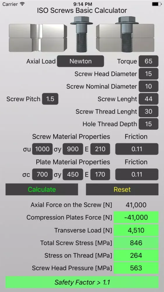Capturas de tela do ISO Screws Basic Calculator