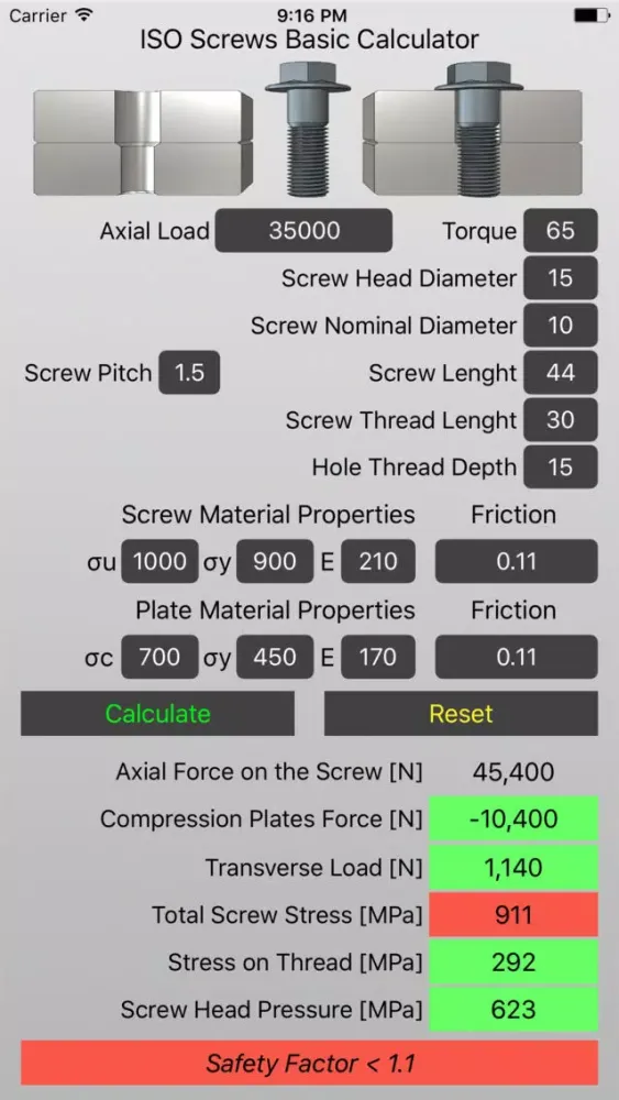 Capturas de tela do ISO Screws Basic Calculator