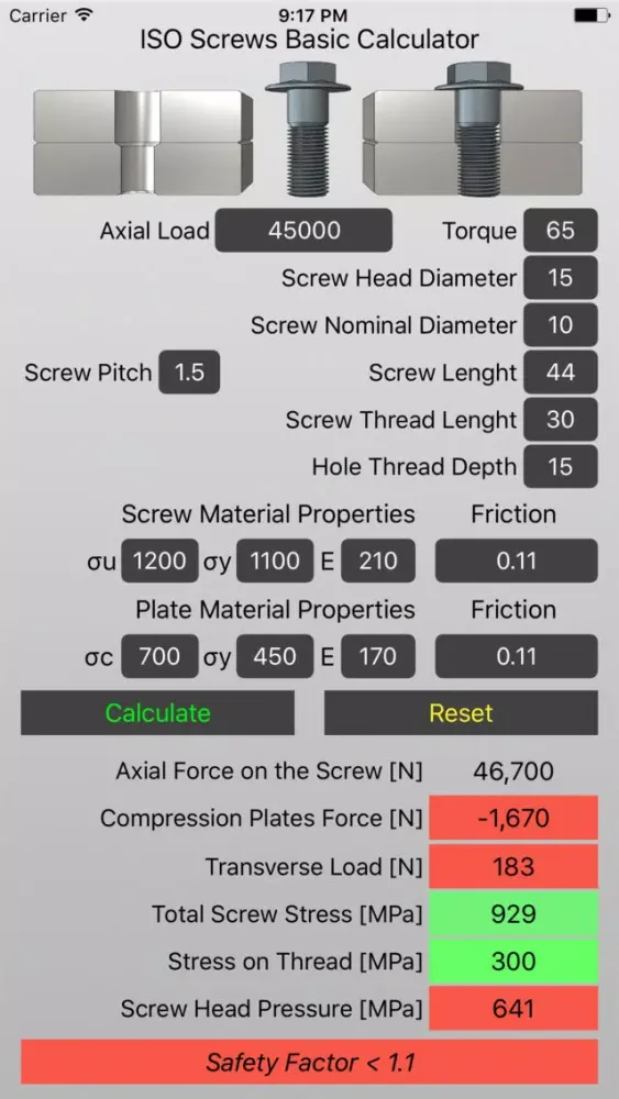 Capturas de tela do ISO Screws Basic Calculator