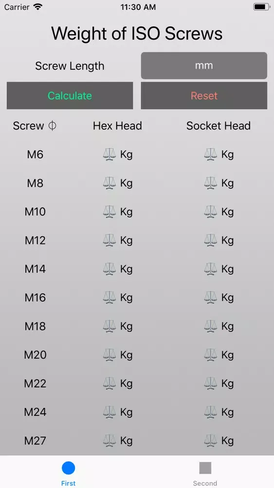 Capturas de tela do Weight of ISO Screws