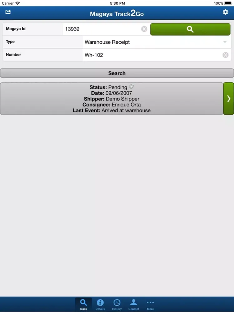 Tangkapan skrin Magaya Track2Go iPad 