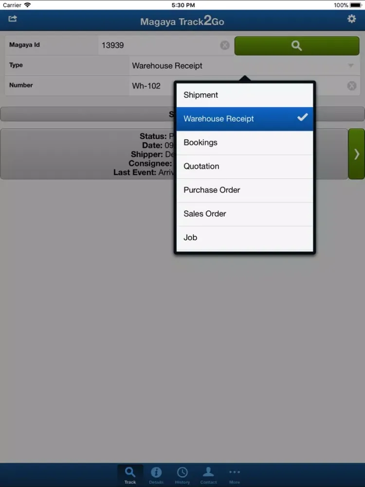 Tangkapan skrin Magaya Track2Go iPad 