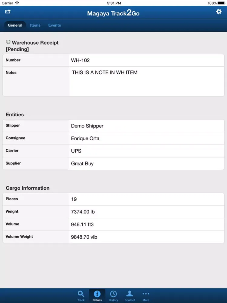 Tangkapan skrin Magaya Track2Go iPad 