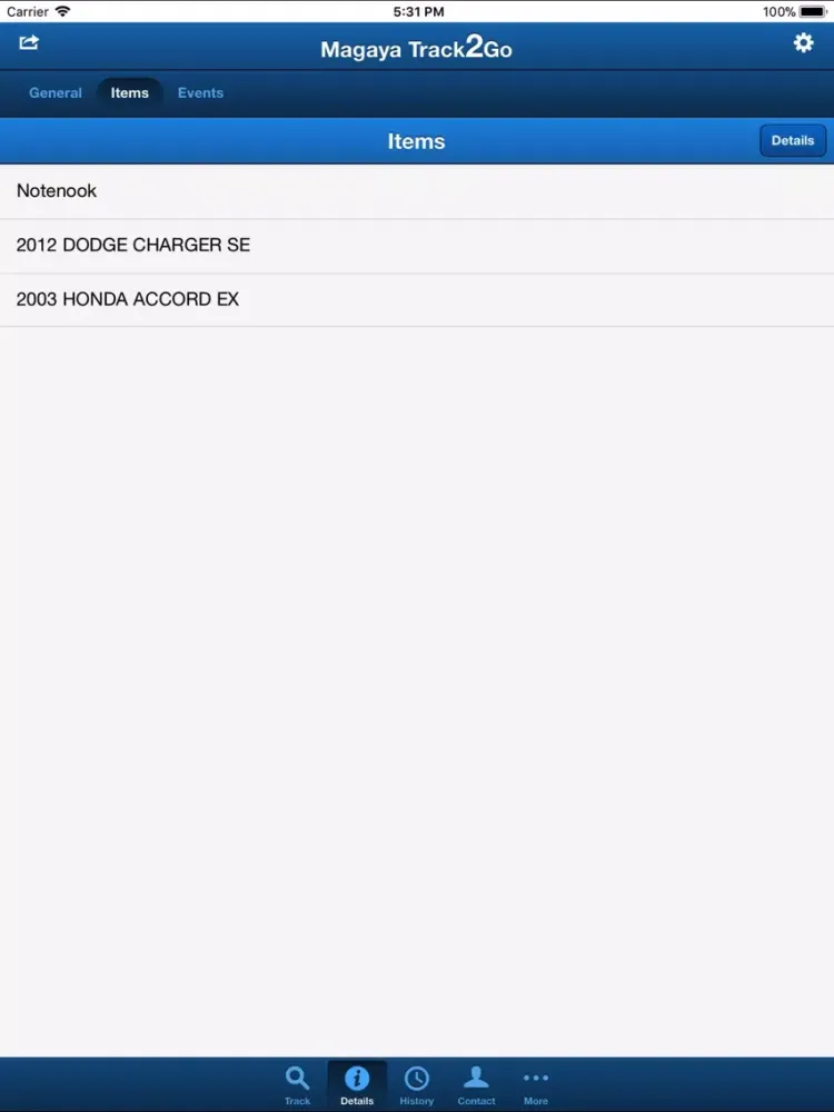 Tangkapan skrin Magaya Track2Go iPad 
