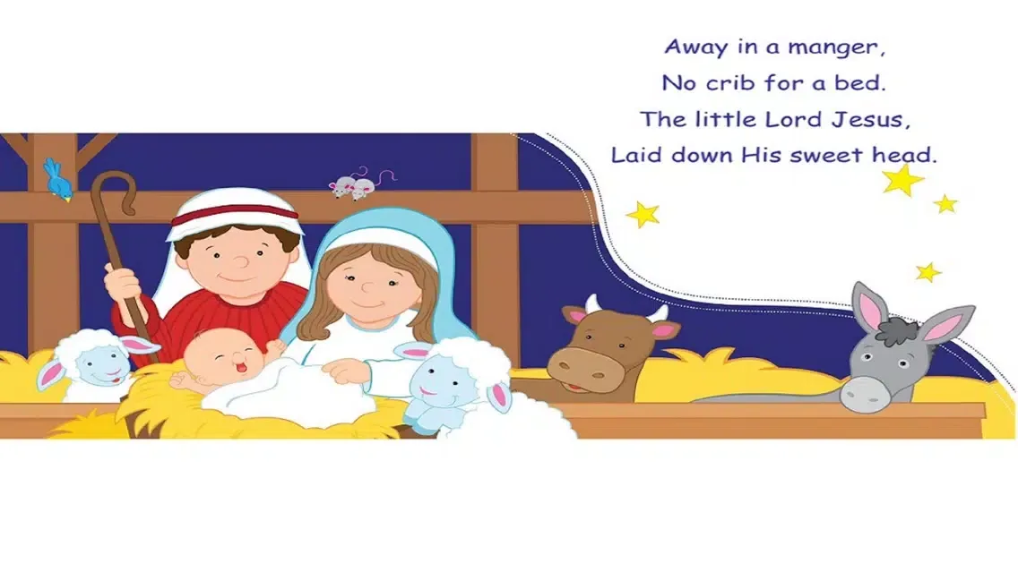 تصاویر Away In A Manger by Twin Sisters - Read along interactive Christmas eBook in English for children with puzzles and learning games