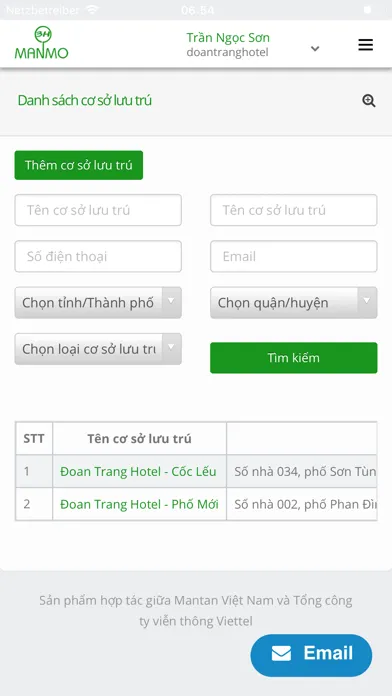 Capturas de tela do Quản lý cơ sở lưu trú ManMo3H