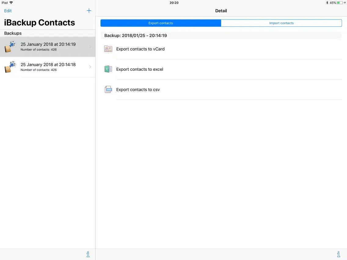 Capturas de tela do iBackup Contacts iPad 