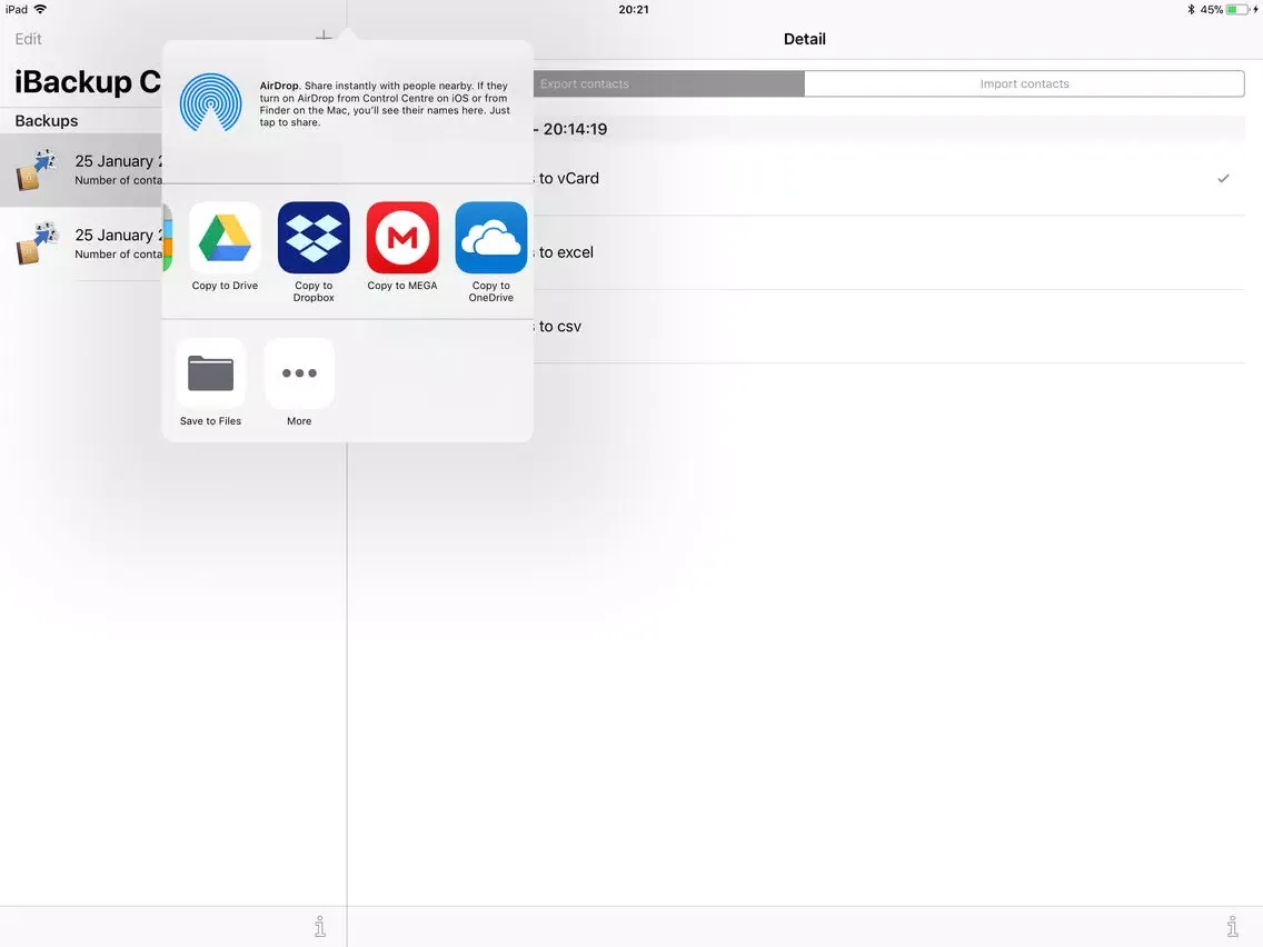Capturas de tela do iBackup Contacts iPad 